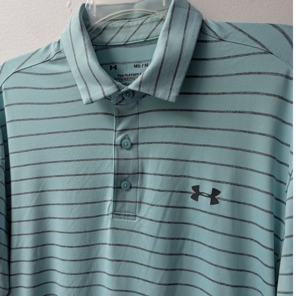 Under Armour Playoff Polo Light Blue Striped Short Sleeve Sz M Performance Golf
